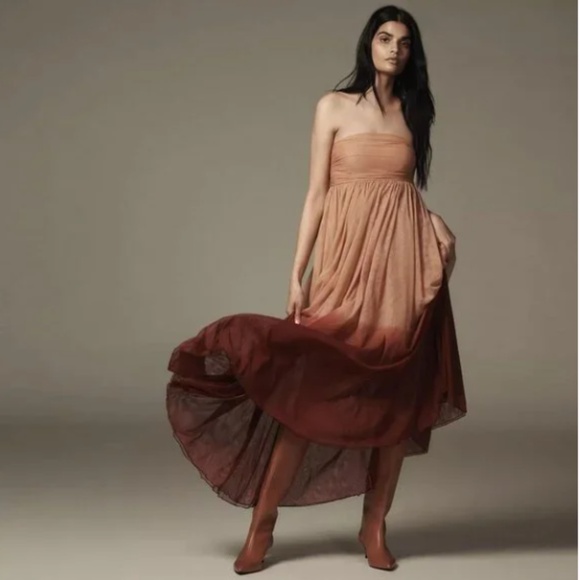 Let Me Be strapless maxi Anthropologie peach and burgundy red ombré dress - Picture 1 of 6